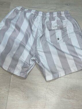 Gray and White Athletic Striped Shorts with Elastic Waistband